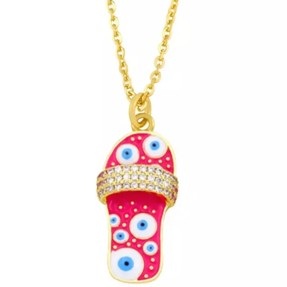 NEW 14k Pink Evil Eye Sandal Necklace - Picture 1 of 3